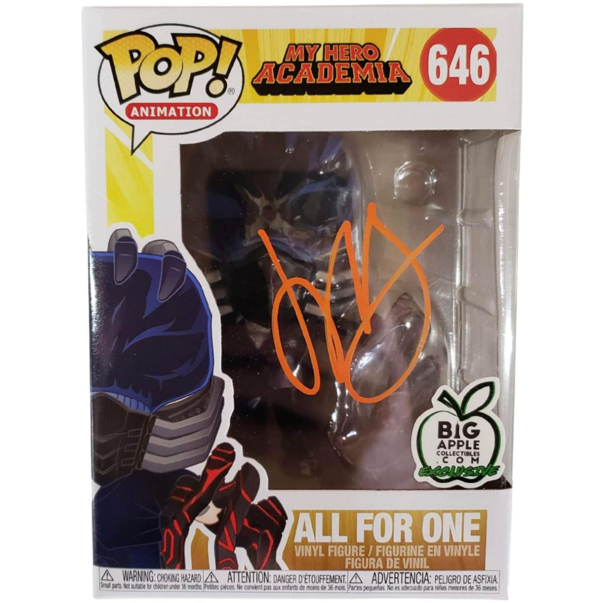 John Swasey signed All for One Funko Pop! MHA #646 Big Apple EX JSA Authenticated autograph - Plastic Empire