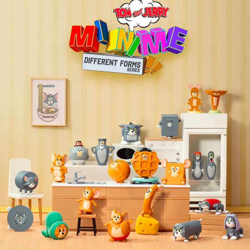 Collection of Tom and Jerry miniatures in various forms on a kitchen set with colorful text above.