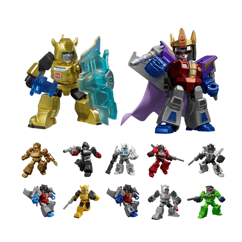 Plastic Empire Blokees Transformers Defender Series 02 The Overthrow blind box with galaxy-themed robot figures.