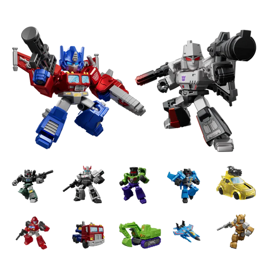Collection of Transformers action figures in various forms on a white background