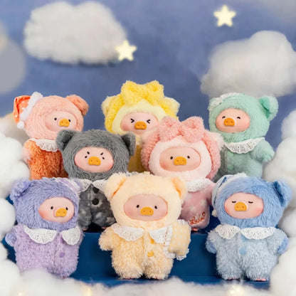 Colorful plush toys resembling pigs with different outfits on a cloud-themed background