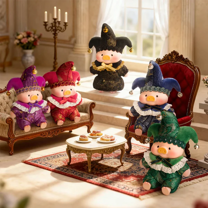 Decorative figurines of jester characters in a living room setting with furniture and decor.