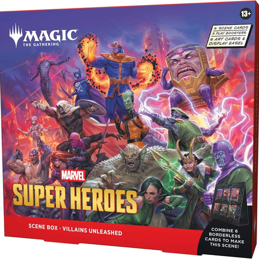 Box of 'Magic: The Gathering' featuring Marvel Super Heroes with various characters on a colorful background.