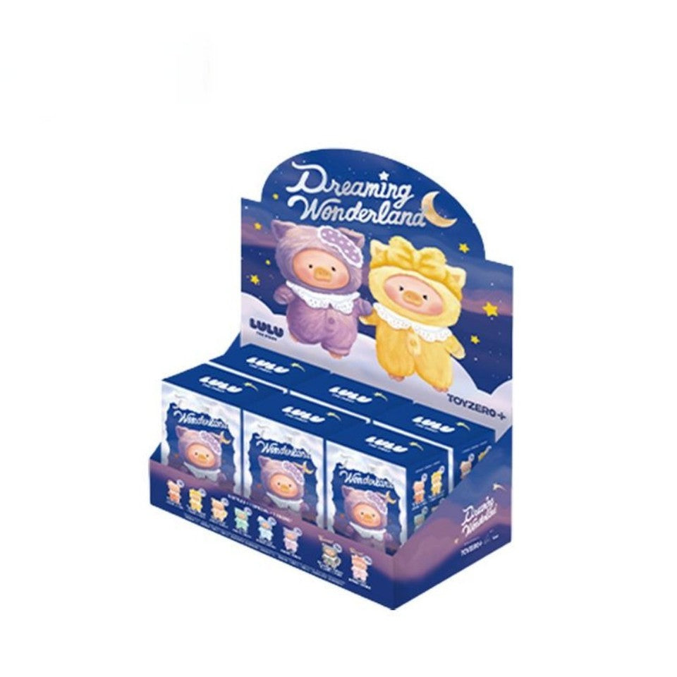 Display box of 'Dreaming Wonderland' toys with two characters on a white background