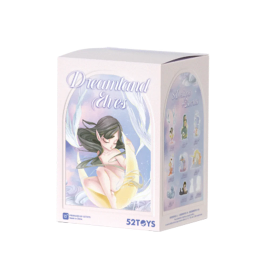 Box packaging of 'Dreamland Elves' by 52Toys with an illustration of a fairy on a white background.
