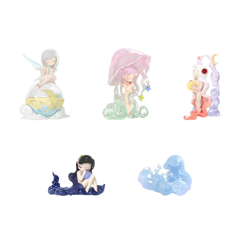Set of five small figurines on a white background