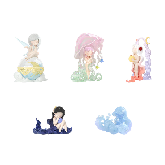 Set of five small figurines on a white background