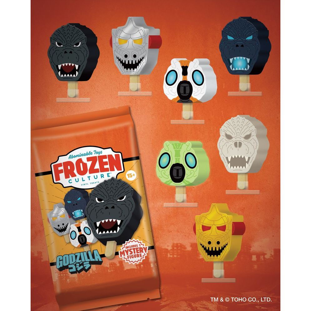 Plastic Empire Godzilla Series 1 Frozen Culture limited edition vinyl figure in a blind bag, featuring detailed monster design.