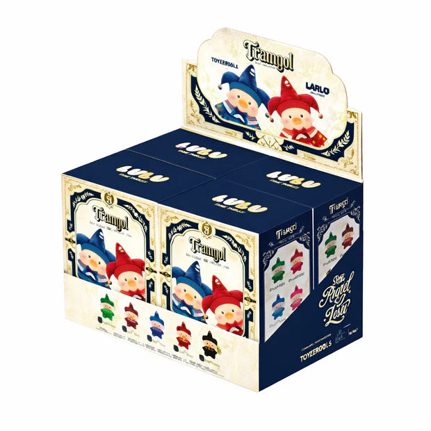 Display box of lulu the pig jester figurines with character illustrations on a white background