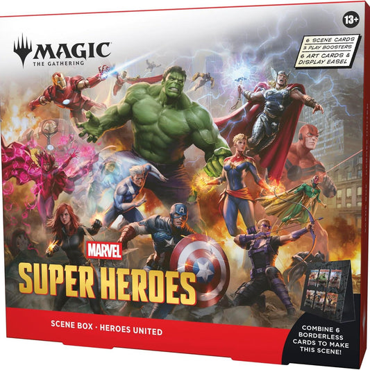 Marvel Super Heroes scene box packaging featuring characters and 'Magic: The Gathering' branding.
