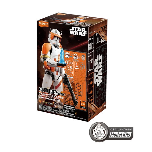 Plastic Empire Blokees Champion Class Star Wars Clone Commander Cody action figure model kit with detailed armor and weapon accessories.