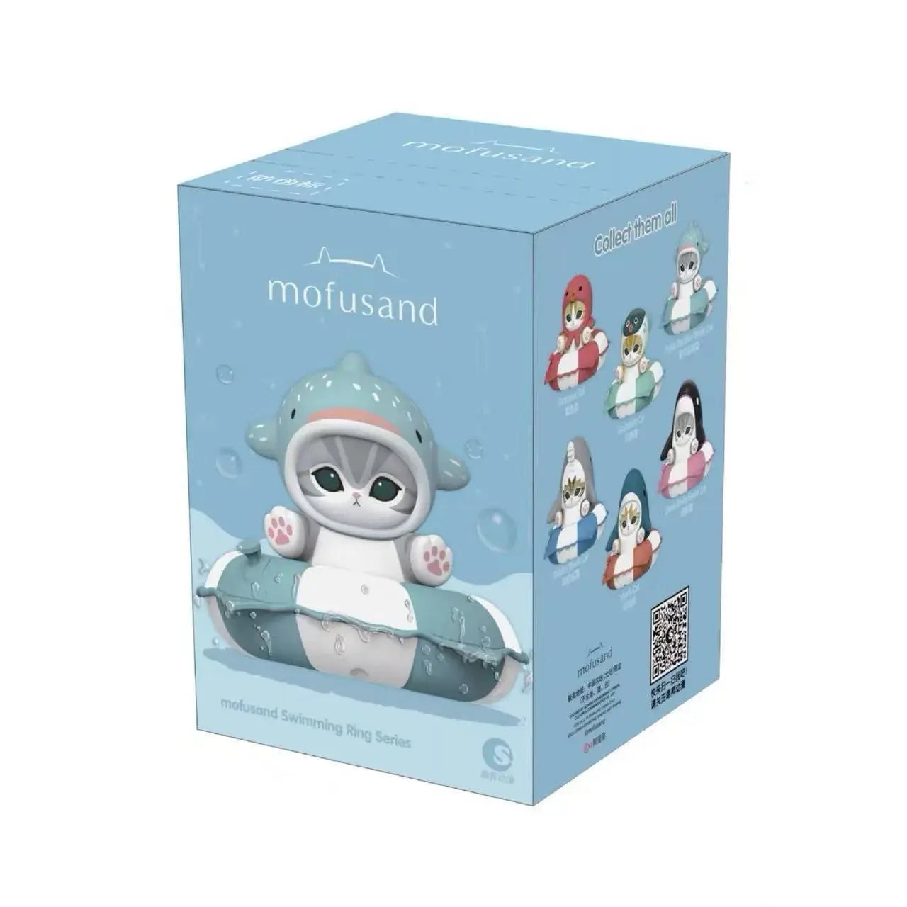 Mofusand toy packaging with a blue background