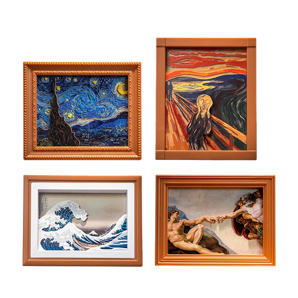 Four famous artworks in wooden frames on a white background