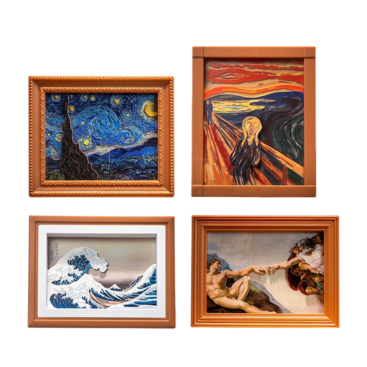 Four famous artworks in wooden frames on a white background