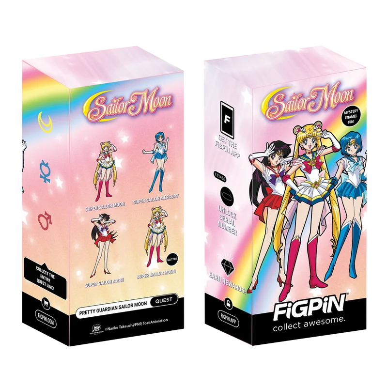 Two retail display boxes for FigPin collectible pins themed around Sailor Moon, shown on a plain white background. The left box is a guest collaboration with Tsubaki Factory, and the right box is branded FigPin.