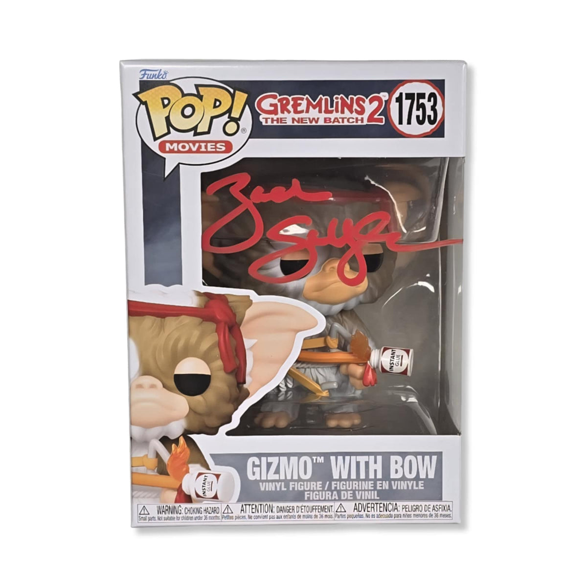 Signed Gizmo Funko Pop! from Gremlins 2 with Zach Galligan's autograph, JSA authenticated, featuring a bow and collectible design.