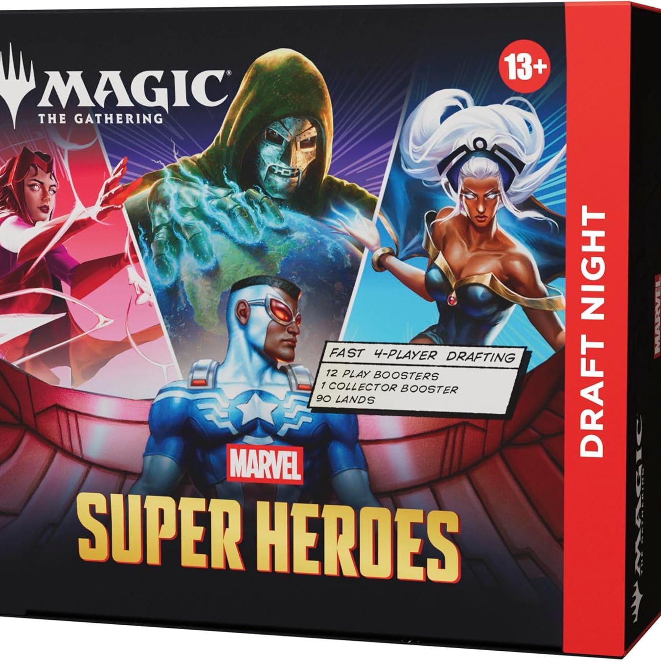 Box of 'Magic: The Gathering' featuring Marvel Super Heroes with characters and text.