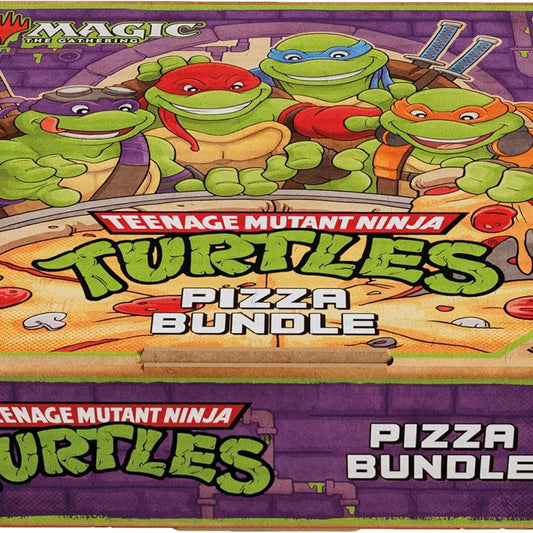 Teenage Mutant Ninja Turtles pizza bundle packaging with cartoon turtles on a colorful background.