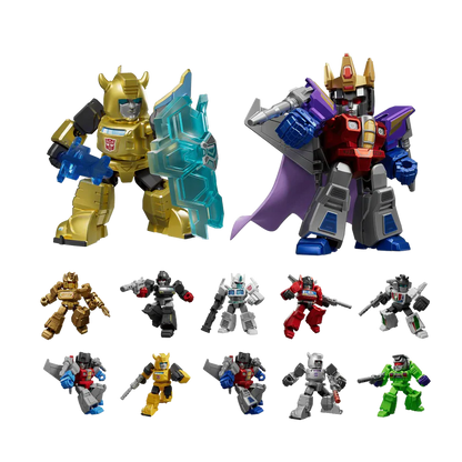 Plastic Empire Blokees Transformers Defender Series 02 The Overthrow blind box with galaxy-themed robot figures.