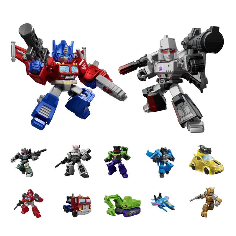 Collection of Transformers action figures in various forms on a white background
