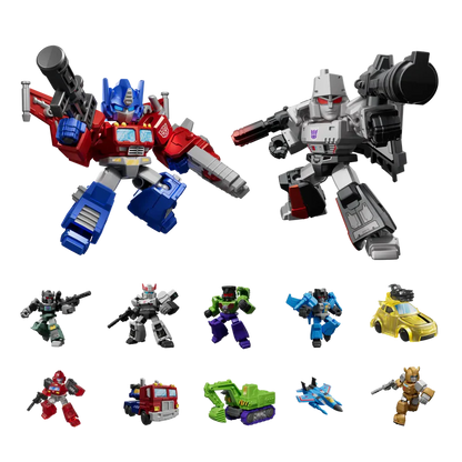 Collection of Transformers action figures in various forms on a white background