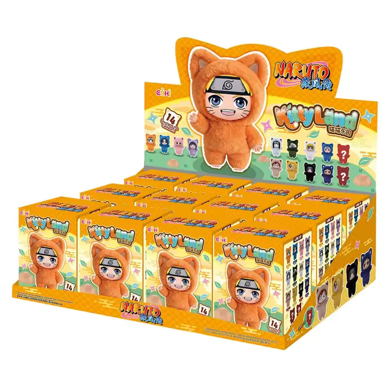 Plastic Empire Naruto KittenLand Series plush blind box full case featuring colorful Naruto-themed kitten plush toys.
