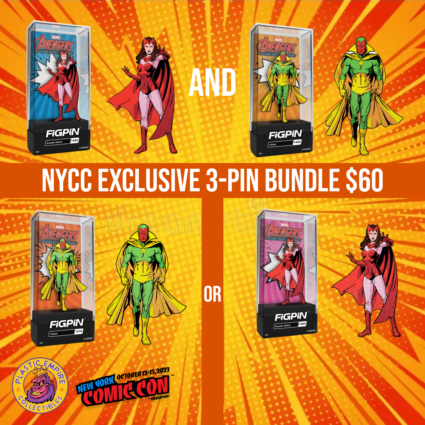 NYCC 2023 FIGPIN VISION & SCARLETT WITCH 3 PIN BUNDLE FIGPIN W/ (1) GUARANTEED GLITTER CHASE IN STOCK